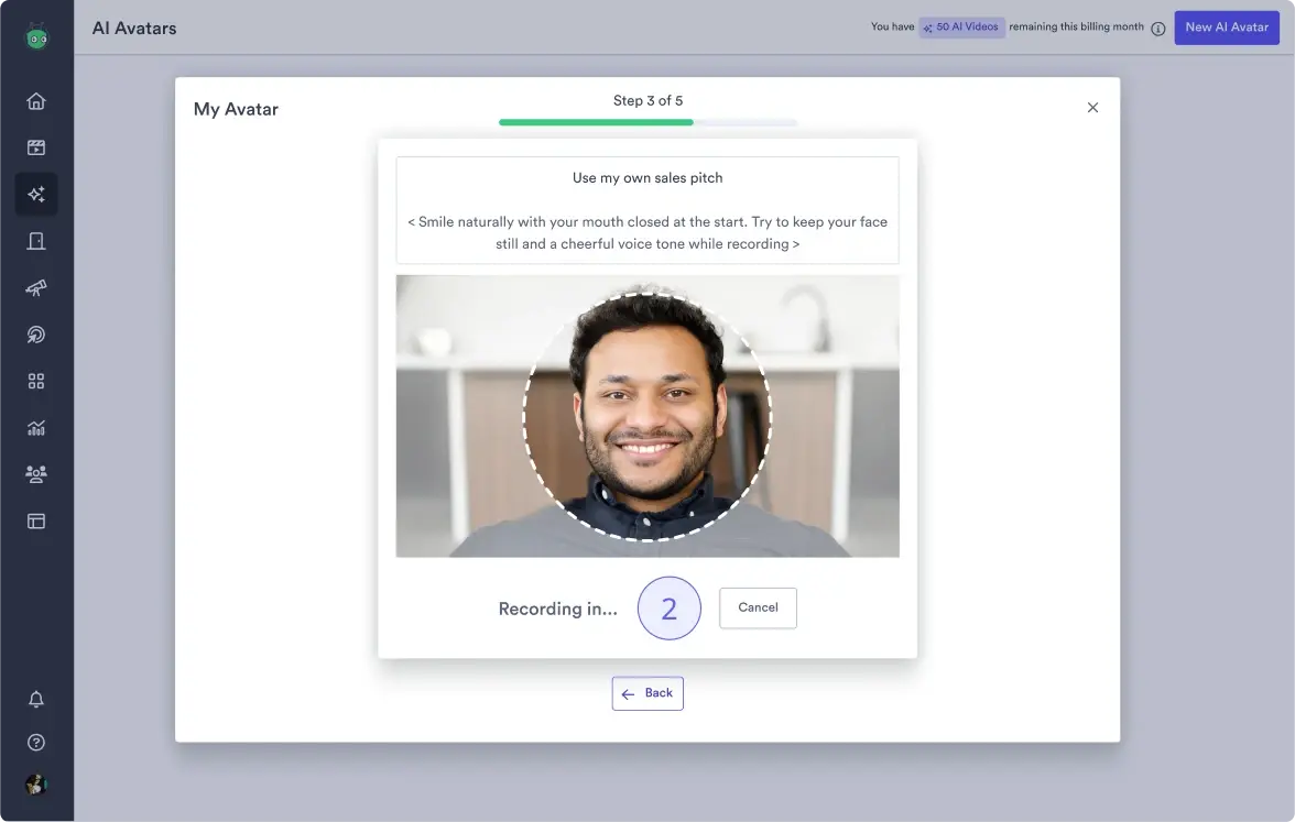 custom-ai-avatars A screenshot showing an example of the AI Avatars avatar creation process featuring a smiling salesperson in an on-screen camera modal.