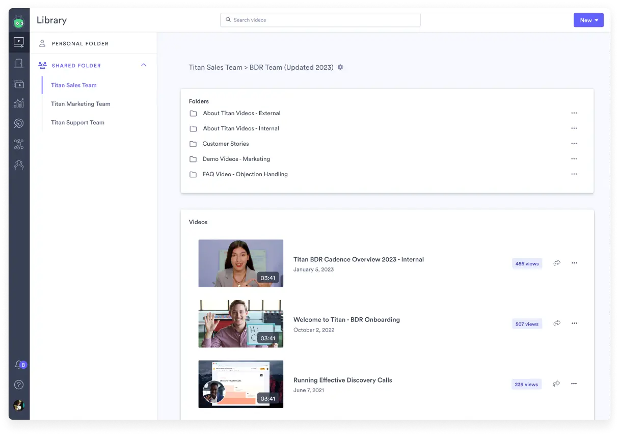 modal-folder-organization The Vidyard platform showing the library with folders and video thumbnails