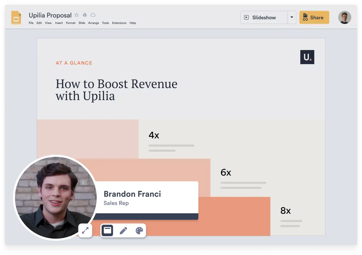 modal-intro-banner Sales man presenting a Google Slides presentation with an banner showing his name and job title