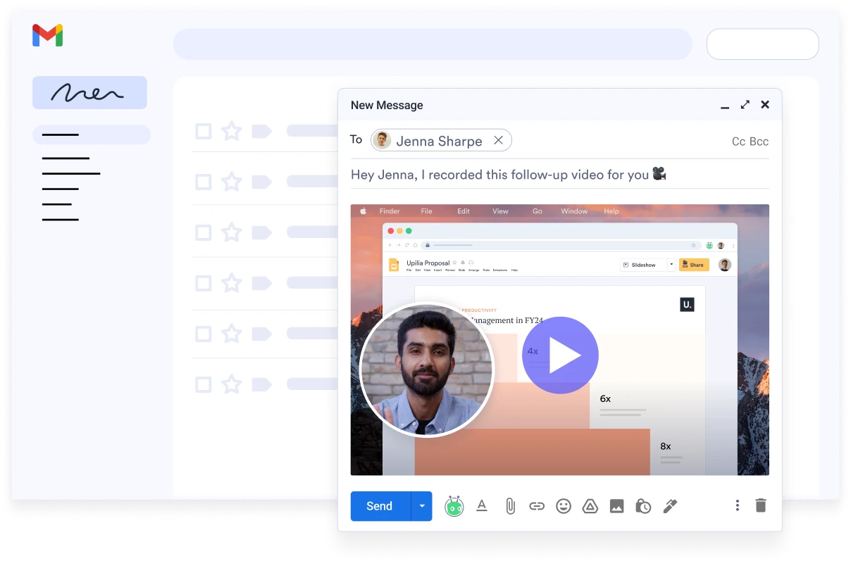 video-sharing A screenshot showing a Vidyard video embedded in an email. The subject line of the email is 'Hey Jenna, I recorded this follow-up video for you'.